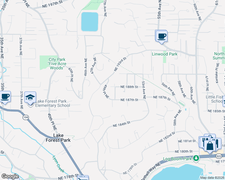 map of restaurants, bars, coffee shops, grocery stores, and more near 18733 50th Avenue Northeast in Lake Forest Park