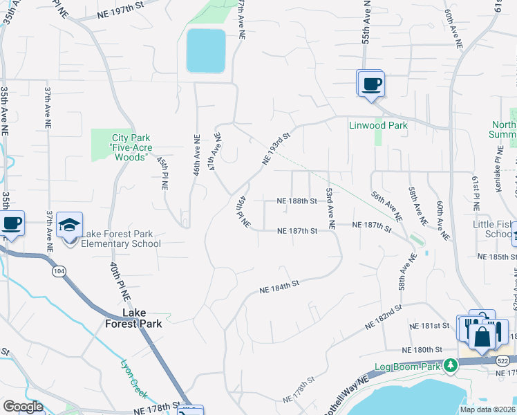 map of restaurants, bars, coffee shops, grocery stores, and more near 18733 50th Avenue Northeast in Lake Forest Park