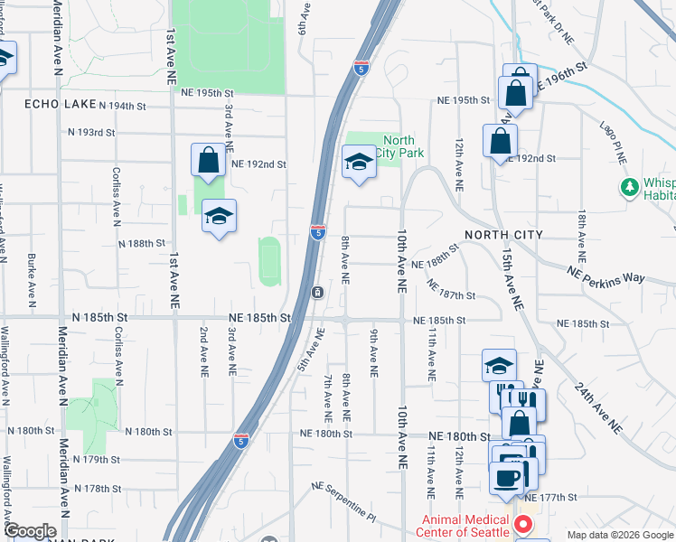 map of restaurants, bars, coffee shops, grocery stores, and more near 18547 8th Avenue Northeast in Shoreline