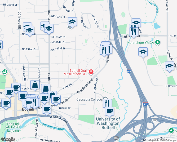 map of restaurants, bars, coffee shops, grocery stores, and more near 10916 Northeast 189th Street in Bothell