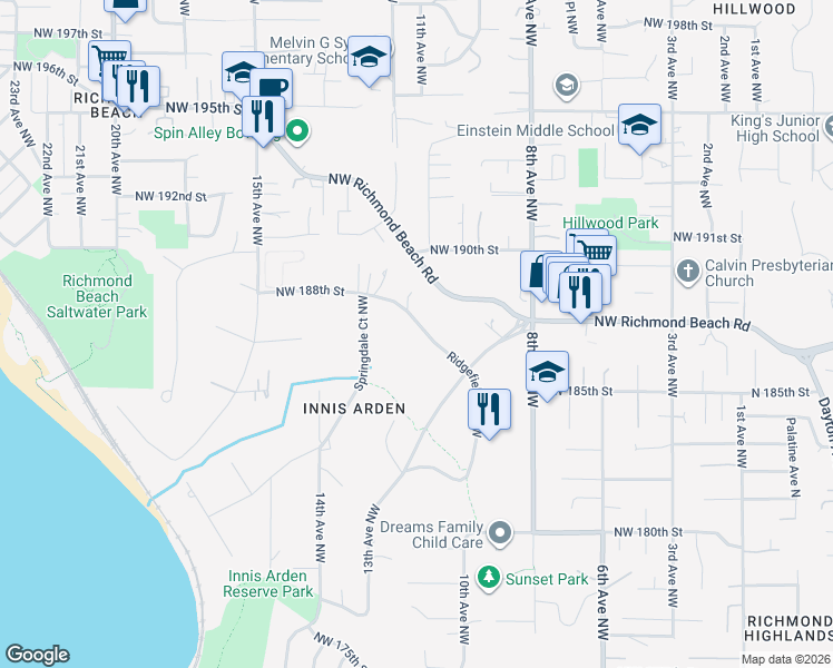 map of restaurants, bars, coffee shops, grocery stores, and more near 18757 Ridgefield Road Northwest in Shoreline