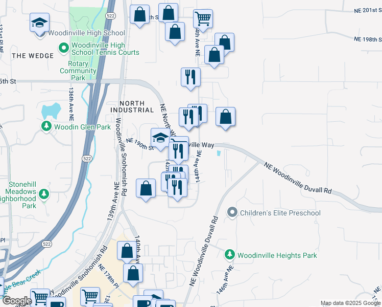 map of restaurants, bars, coffee shops, grocery stores, and more near 18835 144th Avenue Northeast in Woodinville