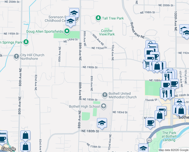 map of restaurants, bars, coffee shops, grocery stores, and more near 18803 89th Avenue Northeast in Bothell