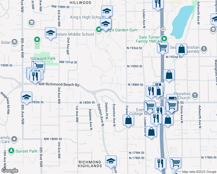 map of restaurants, bars, coffee shops, grocery stores, and more near 18750 Dayton Place North in Shoreline