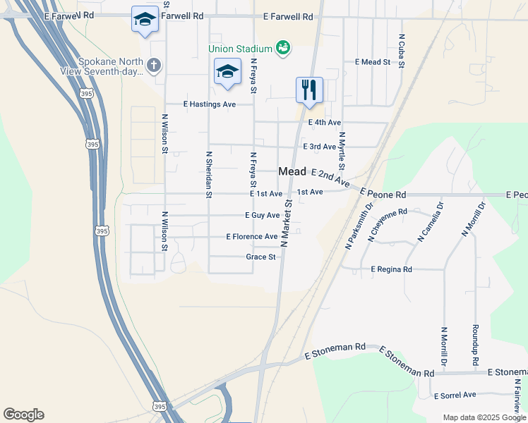 map of restaurants, bars, coffee shops, grocery stores, and more near 3707 East Guy Avenue in Mead