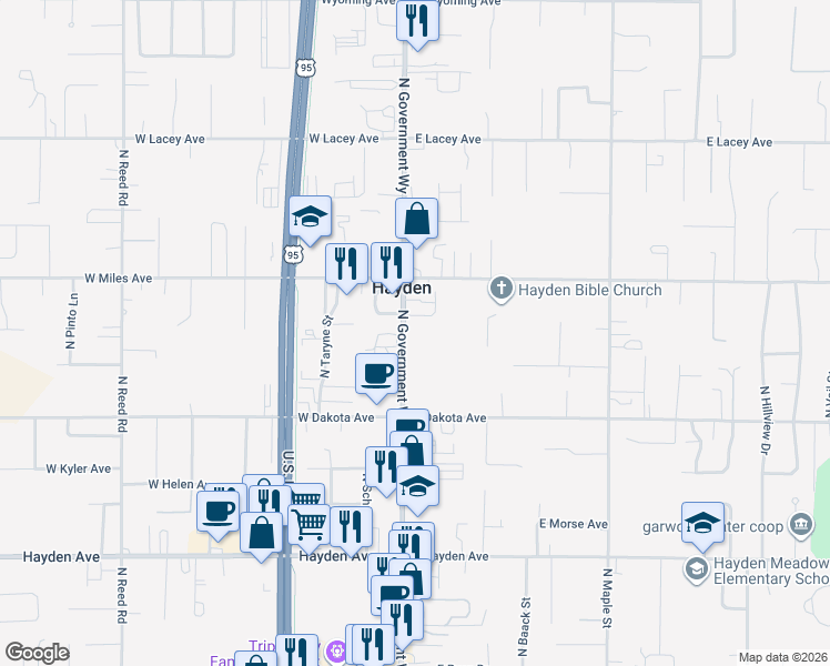 map of restaurants, bars, coffee shops, grocery stores, and more near 10220 North Government Way in Hayden