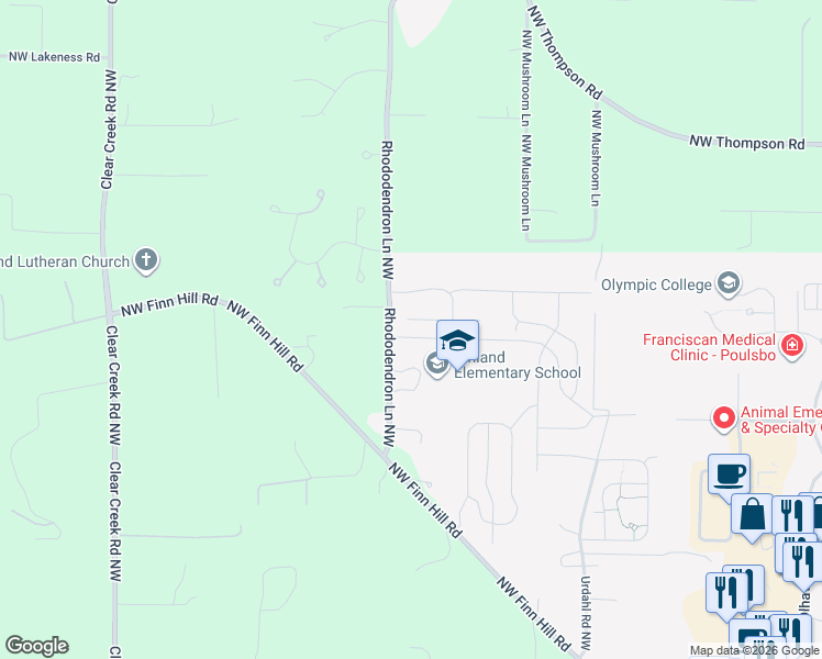 map of restaurants, bars, coffee shops, grocery stores, and more near 22120-22180 Rhododendron Lane Northwest in Poulsbo