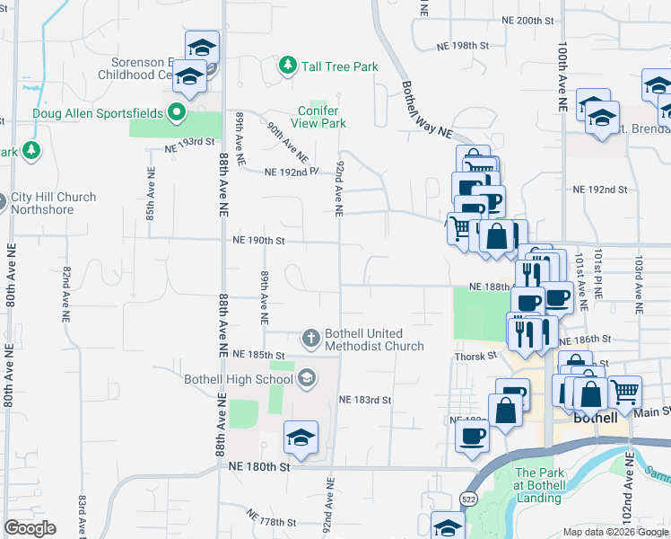 map of restaurants, bars, coffee shops, grocery stores, and more near 18833 92nd Avenue Northeast in Bothell