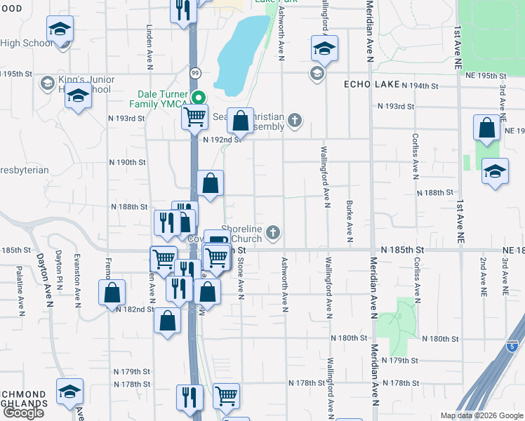 map of restaurants, bars, coffee shops, grocery stores, and more near 18556 Stone Avenue North in Shoreline