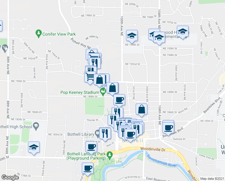 map of restaurants, bars, coffee shops, grocery stores, and more near 18806 Bothell Way Northeast in Bothell
