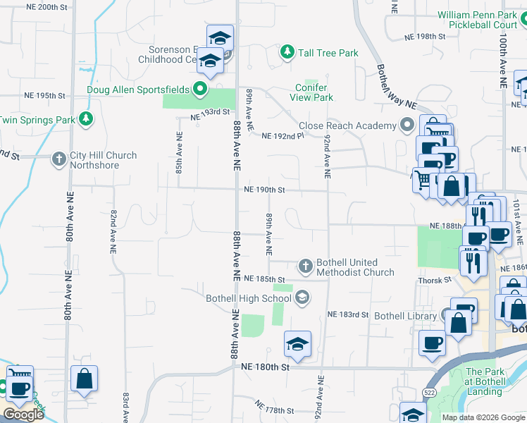 map of restaurants, bars, coffee shops, grocery stores, and more near 18803 89th Avenue Northeast in Bothell