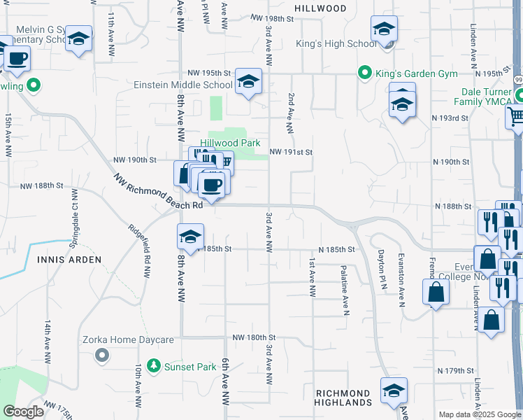 map of restaurants, bars, coffee shops, grocery stores, and more near 18540 3rd Avenue Northwest in Shoreline