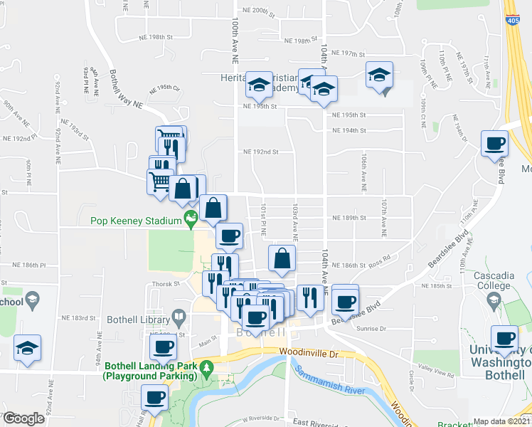 map of restaurants, bars, coffee shops, grocery stores, and more near 10104 Northeast 189th Street in Bothell