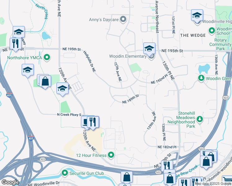 map of restaurants, bars, coffee shops, grocery stores, and more near 12608 Northeast 190th Street in Bothell