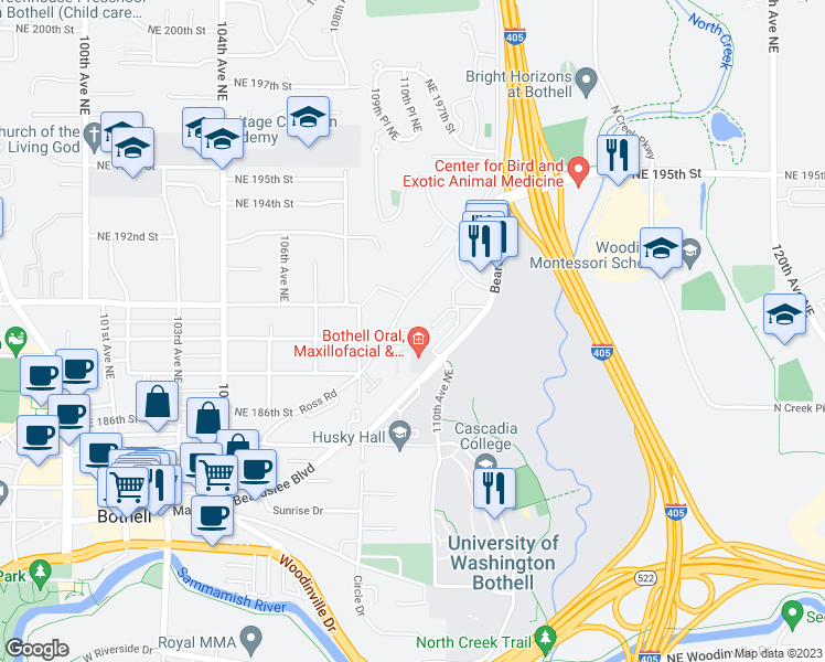 map of restaurants, bars, coffee shops, grocery stores, and more near 10916 Northeast 189th Street in Bothell