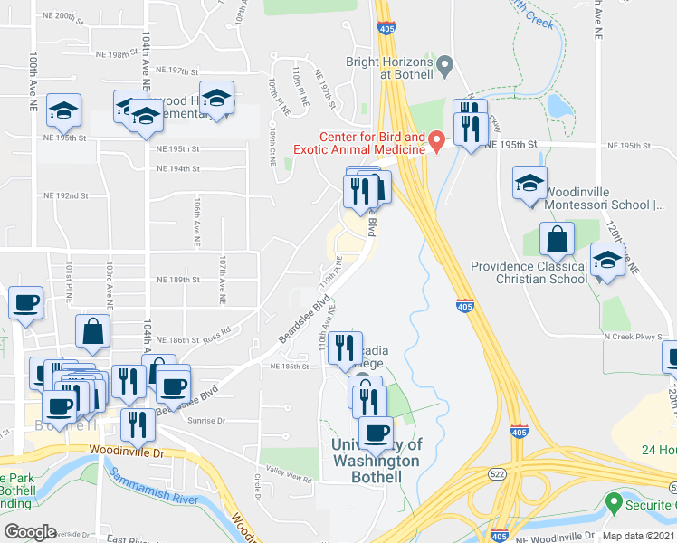 map of restaurants, bars, coffee shops, grocery stores, and more near 18721 Beardslee Boulevard in Bothell