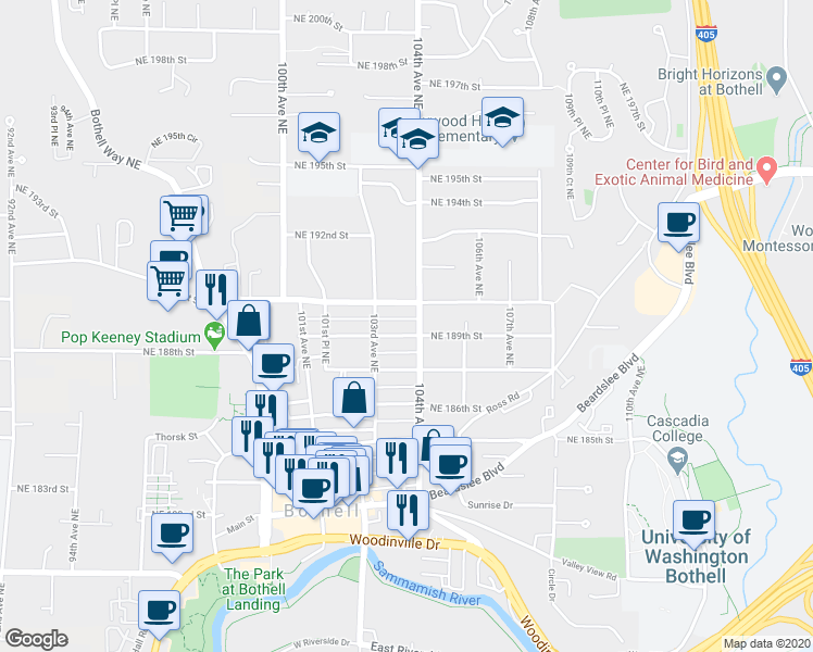 map of restaurants, bars, coffee shops, grocery stores, and more near 10325 Northeast 189th Street in Bothell