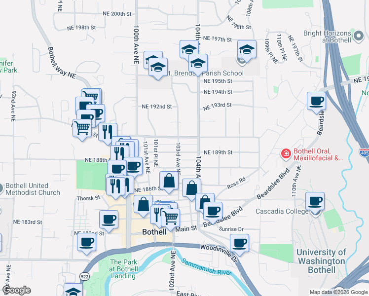 map of restaurants, bars, coffee shops, grocery stores, and more near 10295 Northeast 189th Street in Bothell