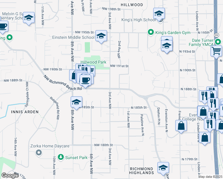map of restaurants, bars, coffee shops, grocery stores, and more near 299 Northwest Richmond Beach Road in Shoreline