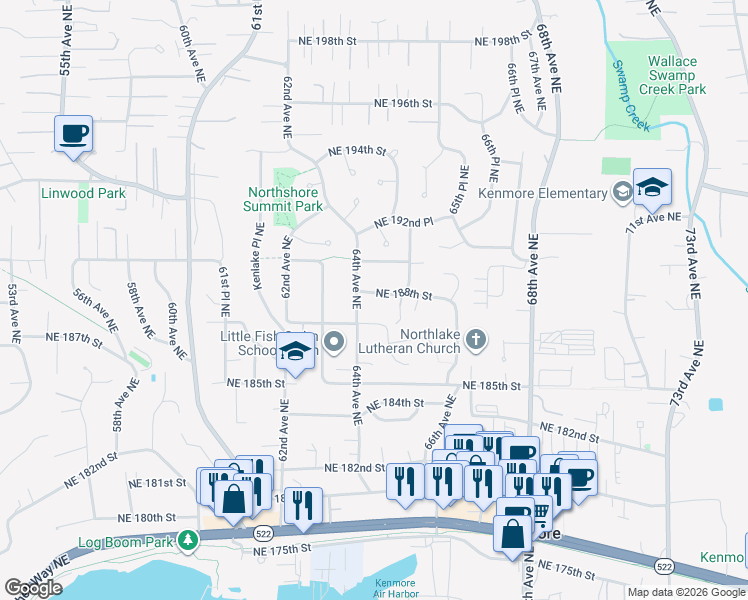 map of restaurants, bars, coffee shops, grocery stores, and more near 6413 Northeast 188th Street in Kenmore