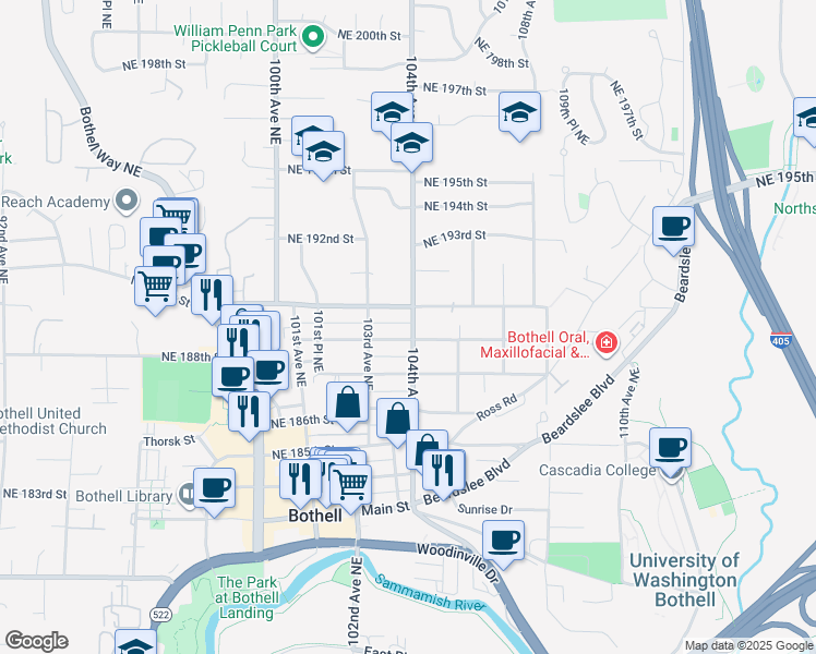 map of restaurants, bars, coffee shops, grocery stores, and more near 10325 Northeast 189th Street in Bothell