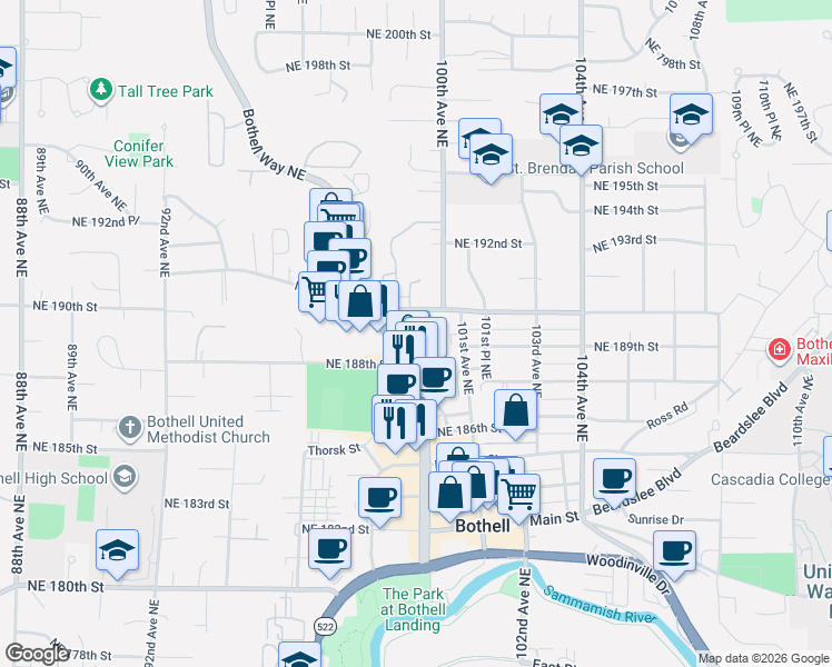 map of restaurants, bars, coffee shops, grocery stores, and more near 18806 Bothell Way Northeast in Bothell