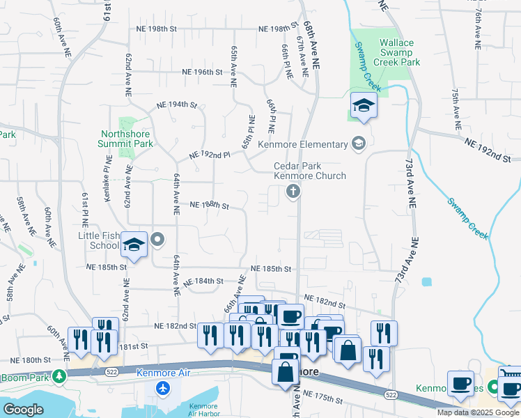 map of restaurants, bars, coffee shops, grocery stores, and more near 18518 66th Avenue Northeast in Kenmore