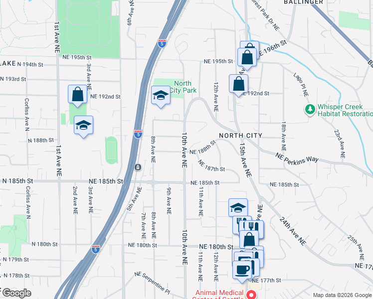 map of restaurants, bars, coffee shops, grocery stores, and more near 18548 10th Avenue Northeast in Shoreline