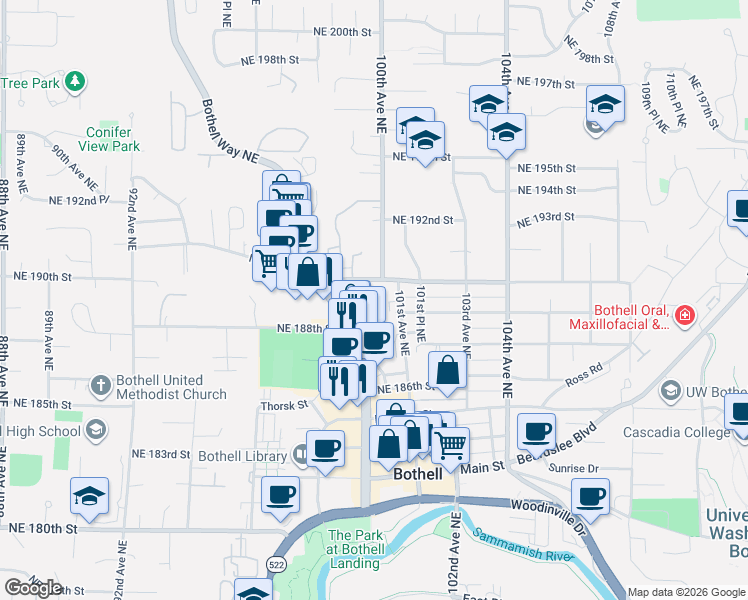 map of restaurants, bars, coffee shops, grocery stores, and more near 9919 Northeast 189th Lane in Bothell