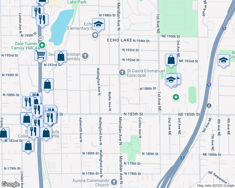 map of restaurants, bars, coffee shops, grocery stores, and more near 18713 Meridian Avenue North in Shoreline