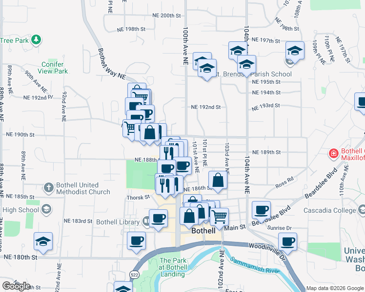map of restaurants, bars, coffee shops, grocery stores, and more near 9919 Northeast 189th Lane in Bothell