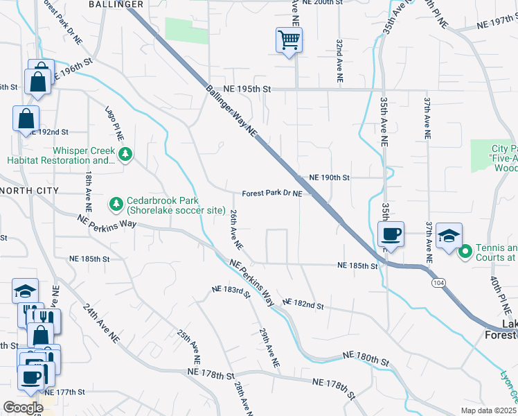 map of restaurants, bars, coffee shops, grocery stores, and more near 18949 Forest Park Drive Northeast in Lake Forest Park