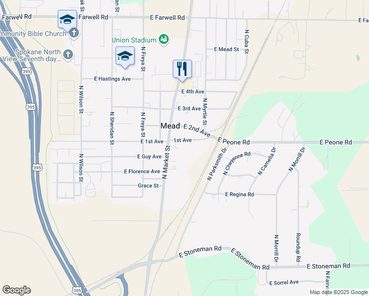 map of restaurants, bars, coffee shops, grocery stores, and more near 3824 East 1st Avenue in Mead