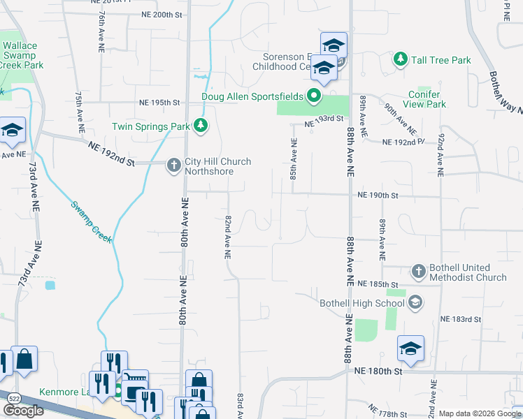 map of restaurants, bars, coffee shops, grocery stores, and more near 8321 Northeast 187th Way in Kenmore
