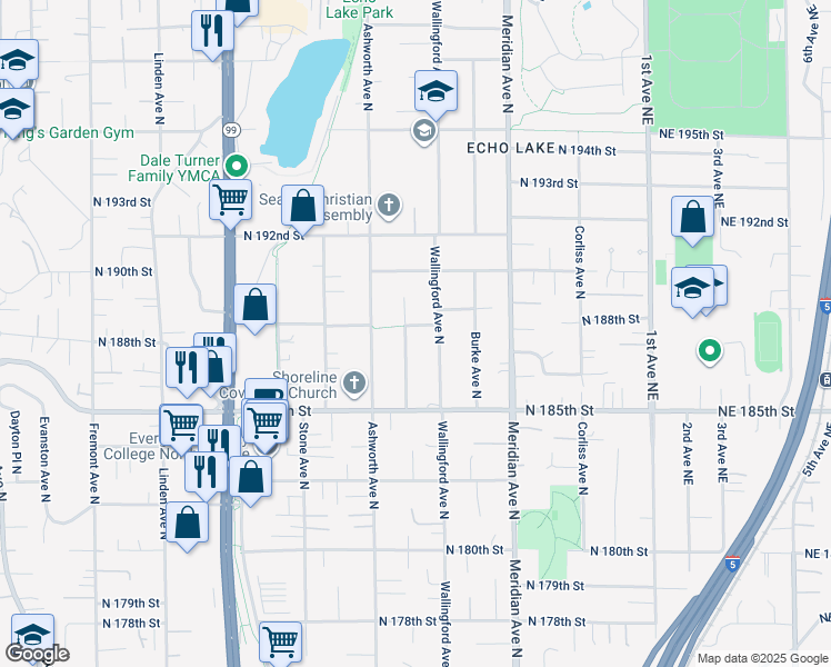 map of restaurants, bars, coffee shops, grocery stores, and more near 18815 Wallingford Avenue North in Shoreline