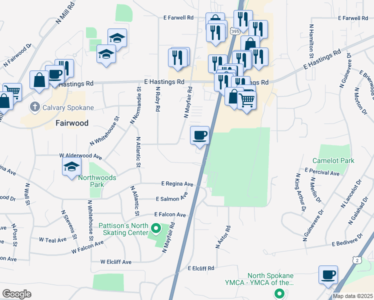 map of restaurants, bars, coffee shops, grocery stores, and more near 11921 North Mayfair Road in Spokane