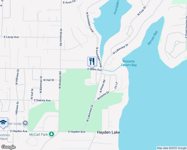 map of restaurants, bars, coffee shops, grocery stores, and more near 1658 East Miles Avenue in Hayden Lake