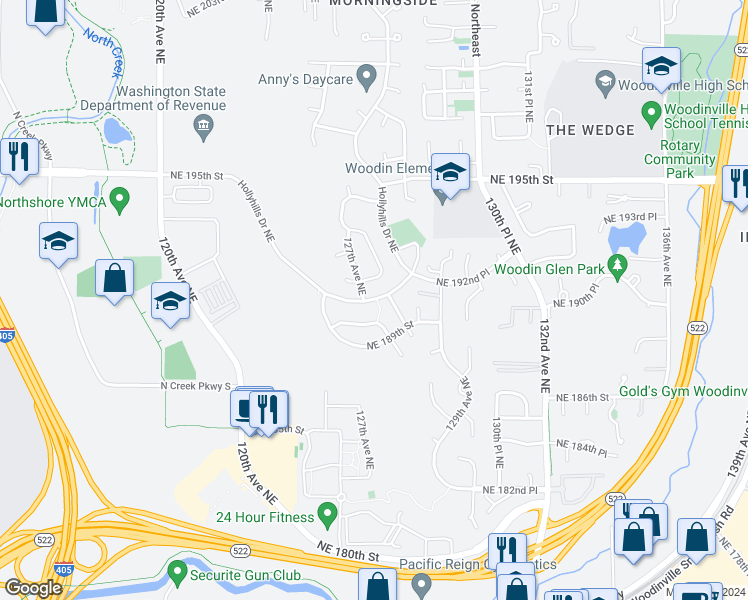 map of restaurants, bars, coffee shops, grocery stores, and more near 12707 Northeast Hollyhills Drive in Bothell
