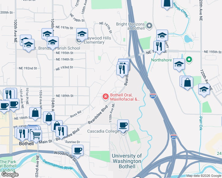 map of restaurants, bars, coffee shops, grocery stores, and more near 19121 112th Avenue Northeast in Bothell
