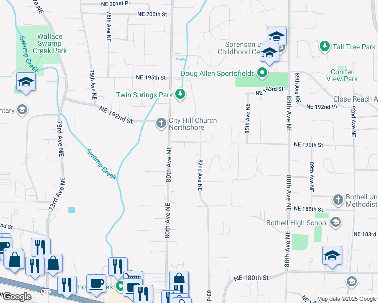 map of restaurants, bars, coffee shops, grocery stores, and more near 18934 81st Avenue Northeast in Kenmore