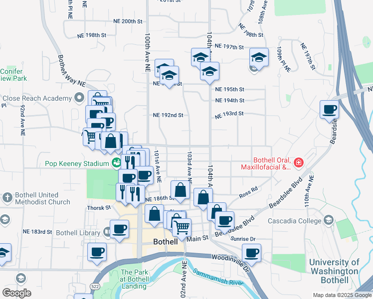 map of restaurants, bars, coffee shops, grocery stores, and more near 18927 103rd Avenue Northeast in Bothell