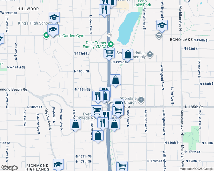 map of restaurants, bars, coffee shops, grocery stores, and more near 18815 Aurora Avenue North in Shoreline