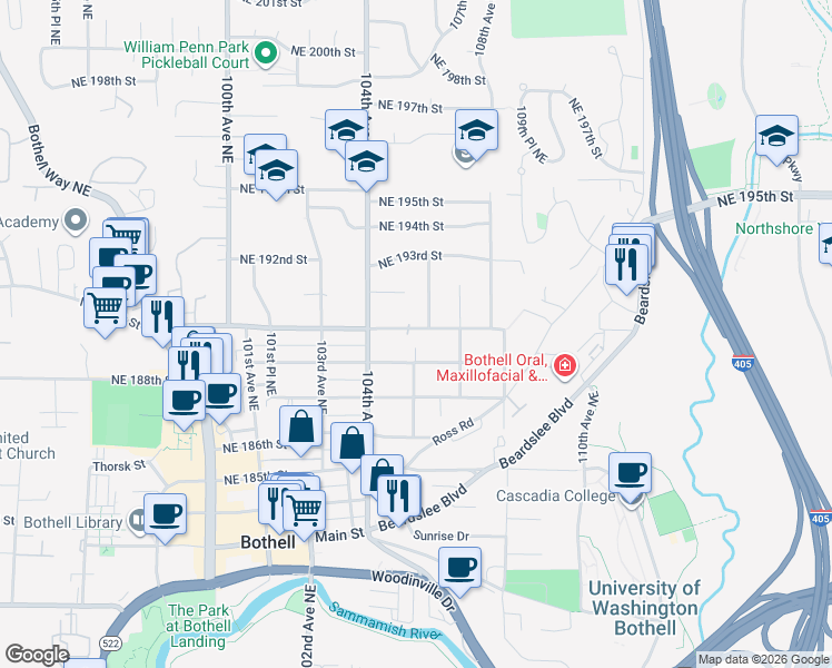 map of restaurants, bars, coffee shops, grocery stores, and more near 10505 Willow Street in Bothell