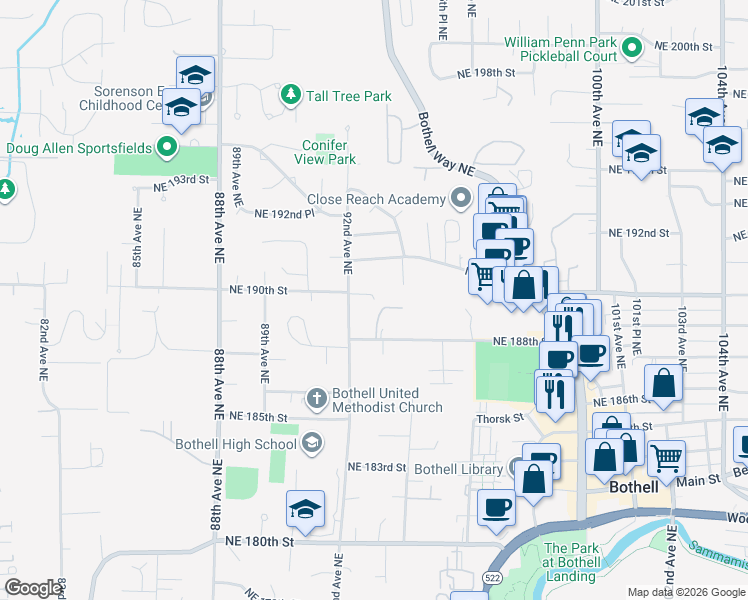 map of restaurants, bars, coffee shops, grocery stores, and more near 9223 Northeast 191st Street in Bothell