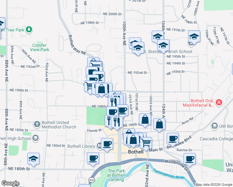 map of restaurants, bars, coffee shops, grocery stores, and more near 9908 Northeast 190th Street in Bothell