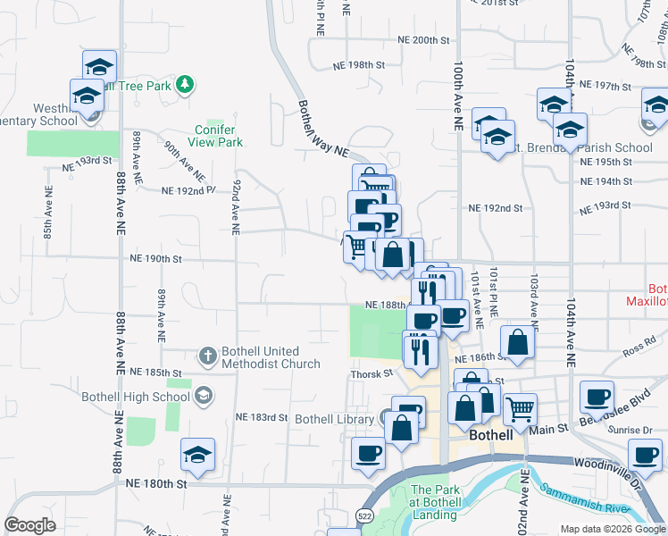 map of restaurants, bars, coffee shops, grocery stores, and more near 9611 Northeast 191st Street in Bothell