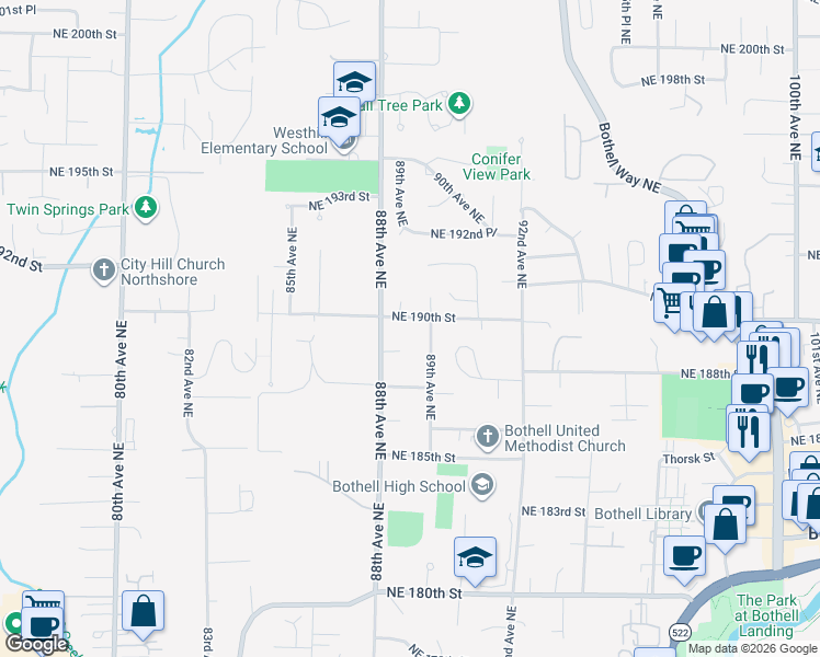 map of restaurants, bars, coffee shops, grocery stores, and more near 19001 89th Place Northeast in Bothell
