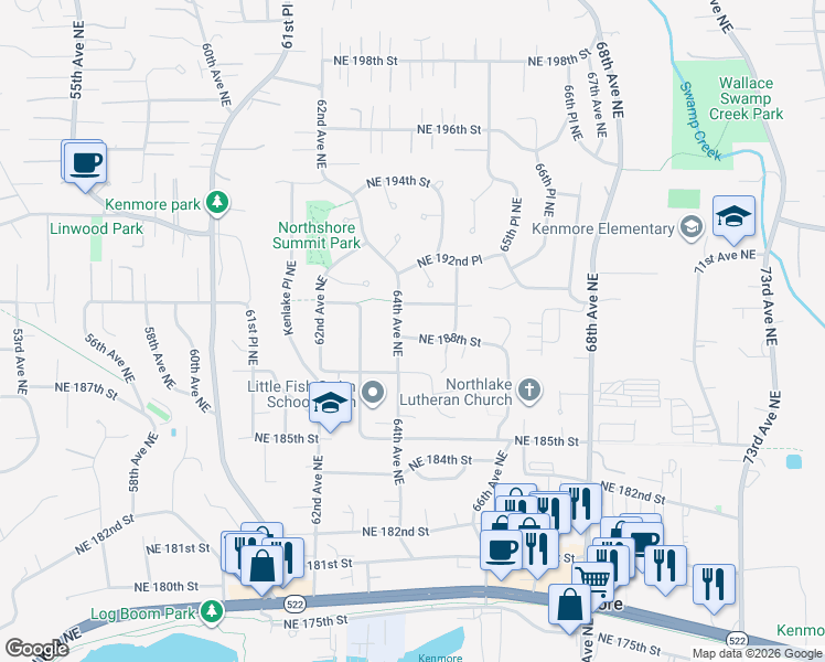 map of restaurants, bars, coffee shops, grocery stores, and more near 6417 Northeast 190th Street in Kenmore