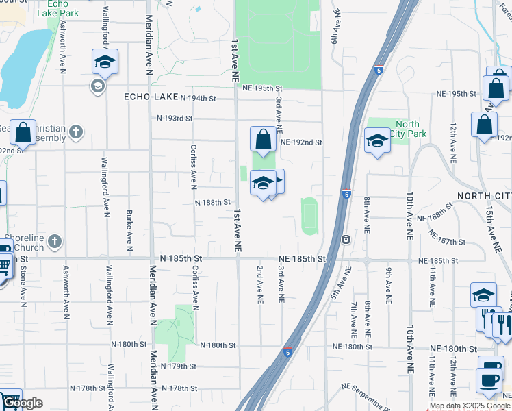 map of restaurants, bars, coffee shops, grocery stores, and more near 202 Northeast 185th Street in Shoreline