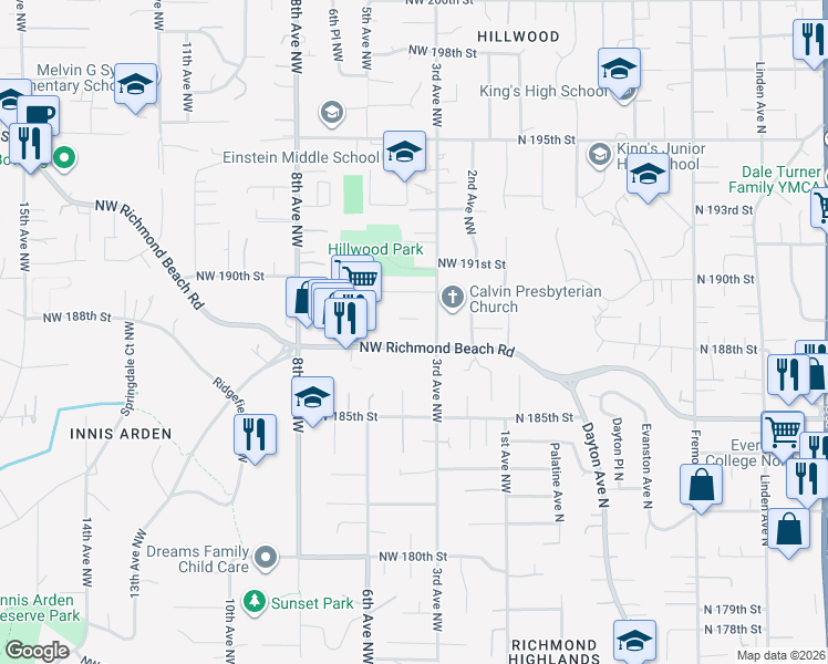 map of restaurants, bars, coffee shops, grocery stores, and more near 321 Northwest 189th Street in Shoreline